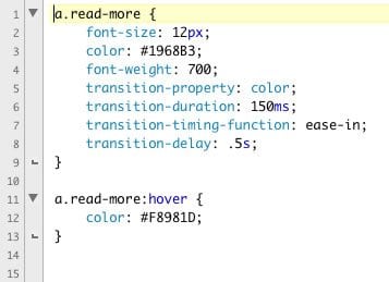 A CSS Declaration Block Declaring Font-Size Font-Weight Color And Transitioning On Hover From Blue To Orange