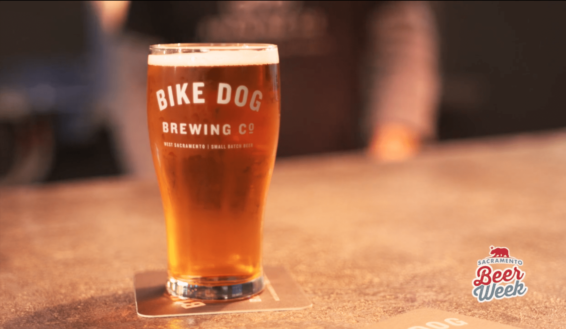a full beer glass with the words Bike Dog written on the side