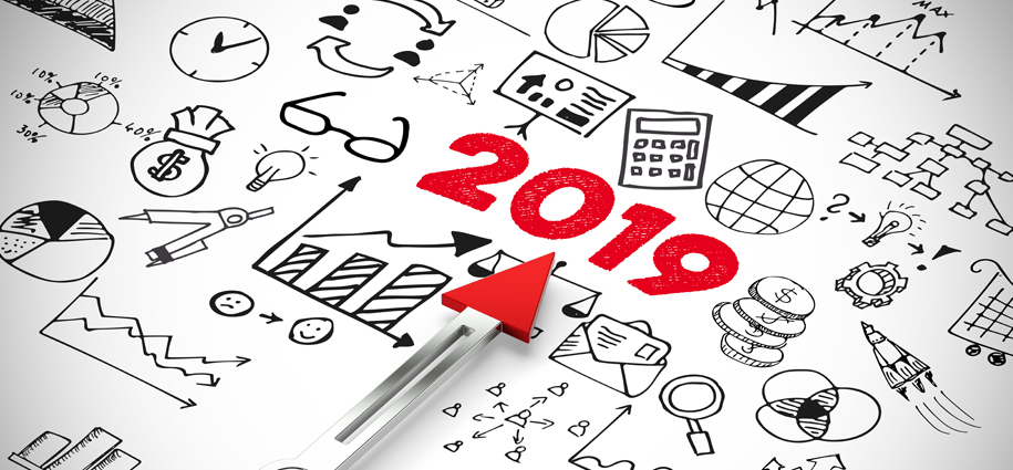 2019 banner with doodles of money glasses and drafting tools