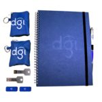 Blue DGI Notebook With Pen And Rebrand Everything With Swag Bags Displayed On White Background