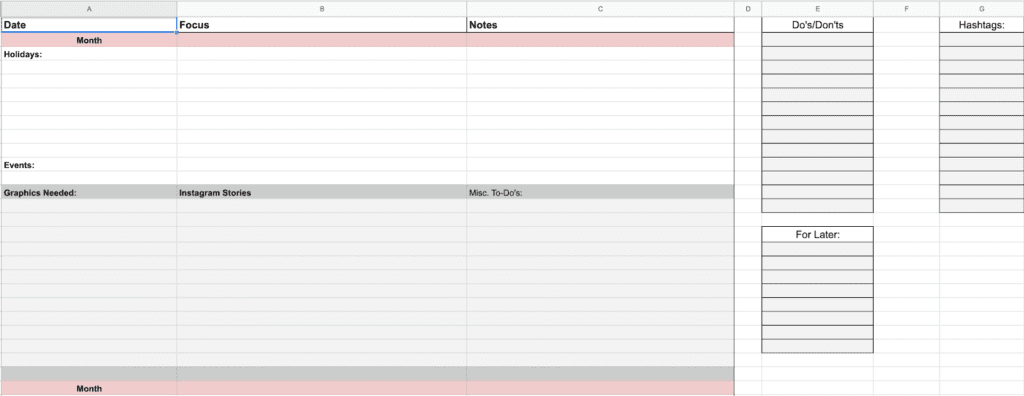 Content Calendar Example With Pink And Gray Color Spreadsheet Cells