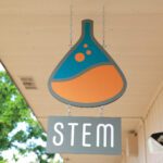 Stem Sign With Green And Orange Chemistry Beaker Hanging From Ceiling