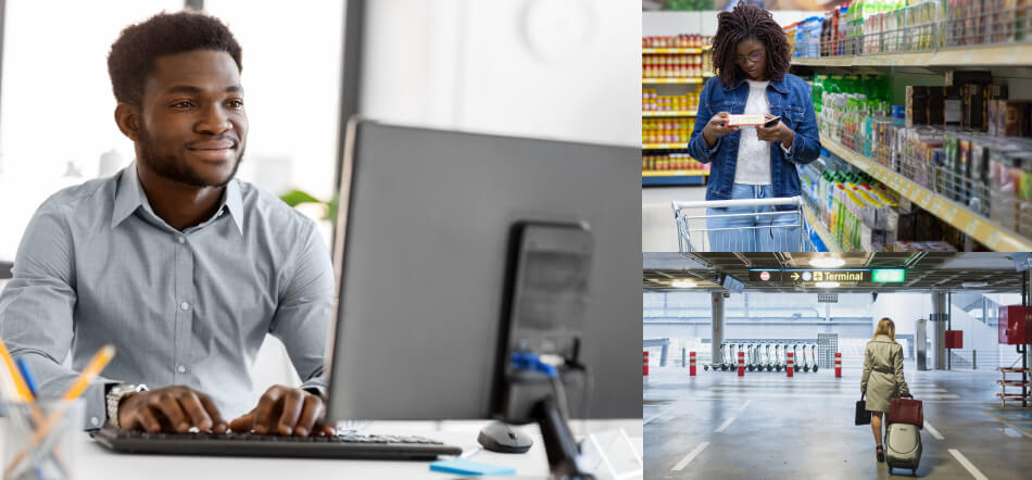 Showing Three Different Forms Of User Experience With Someone On Computer, In Grocery Store, And In Parking Structure