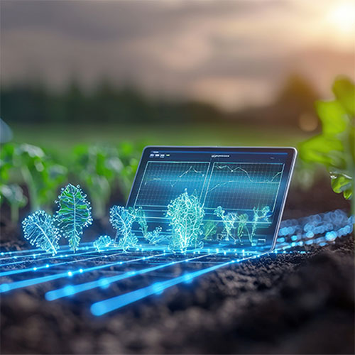 An open laptop computer sitting in a field of crops