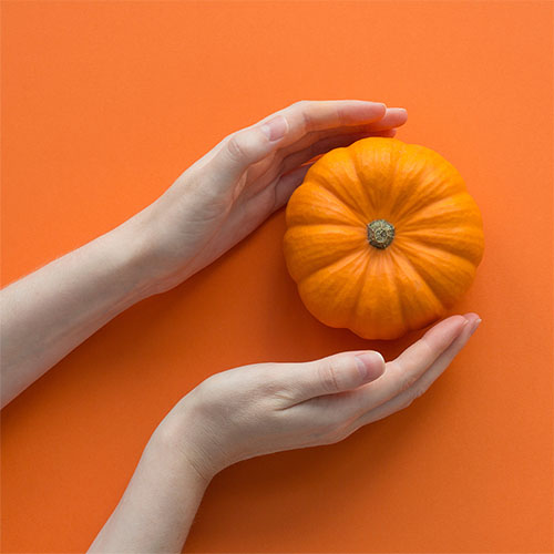 an overhead photo of a small pumpkin and two hands surrounding it on an orange table