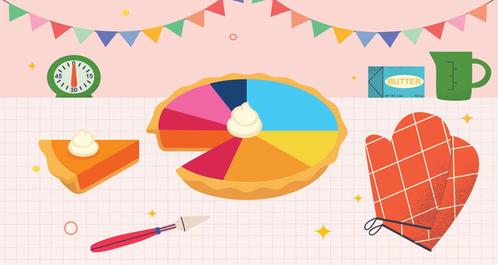 a graphic of a pie with a slice cut out, some party banners, and an oven mitt
