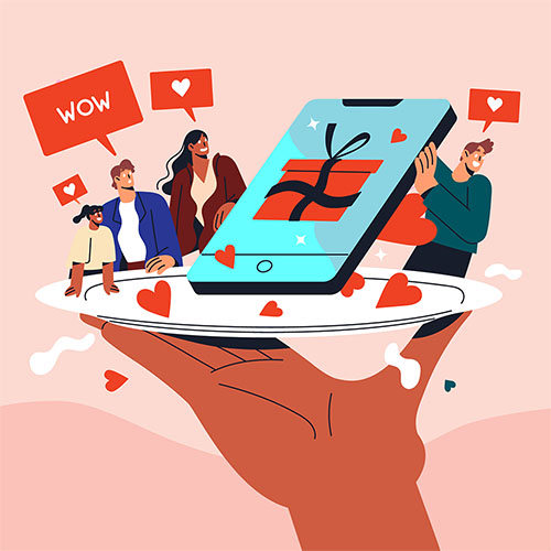 A graphic of a dark skinned hand holding a platter with miniature people on it looking at a larger than life touchscreen phone.