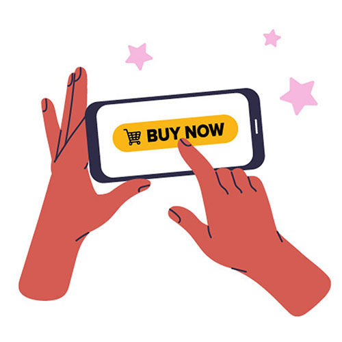A graphic of disembodied hands holding a touch screen phone and touching a buy now button