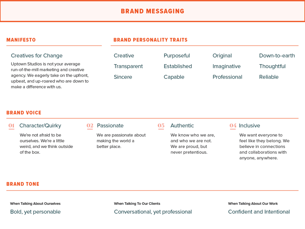 A list of the uptown studios brand messaging
