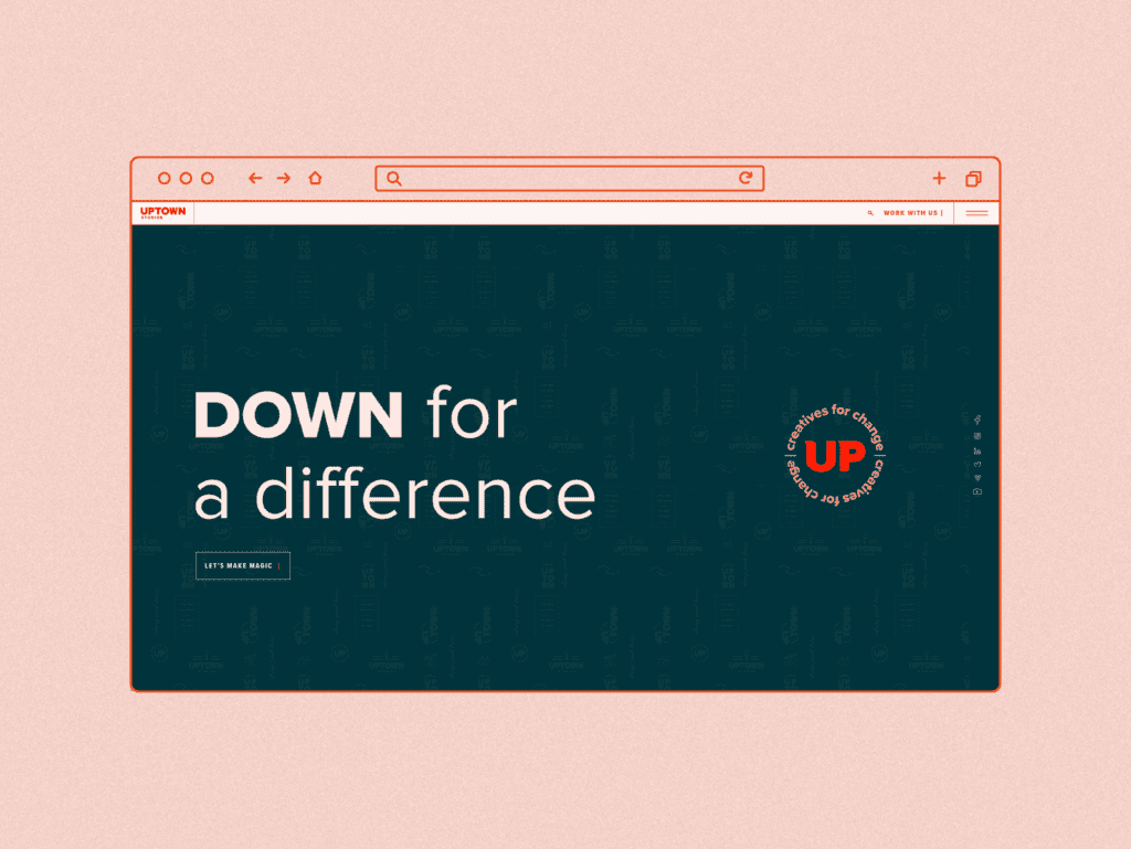 A screenshot of the uptown studios home page that reads "down for a difference"